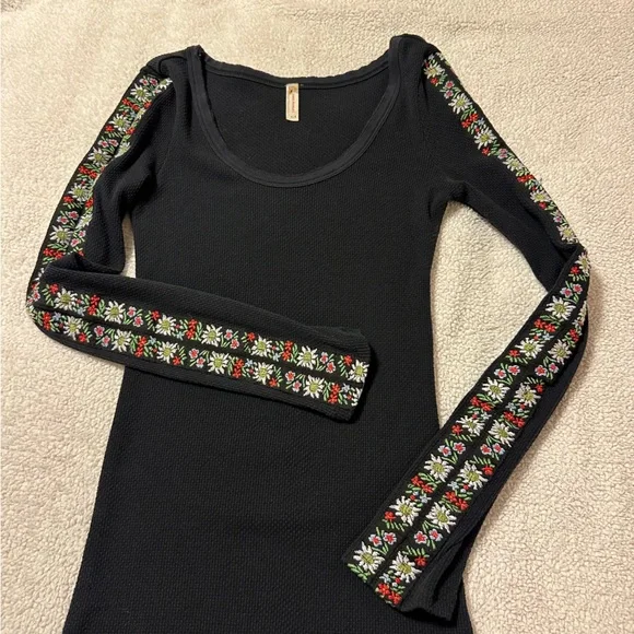 Free People Black Long Sleeve Top with Patterned Sleeves - Picture 7 of 13